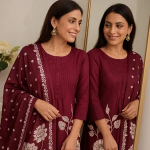 Elegant Floral Rayon Kurti Set with Dupatta – Premium Comfort Wear