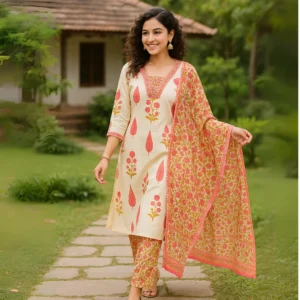 Elegant Cotton Cambric Kurti Set with Mirror Work & Silver Zari Embroidery