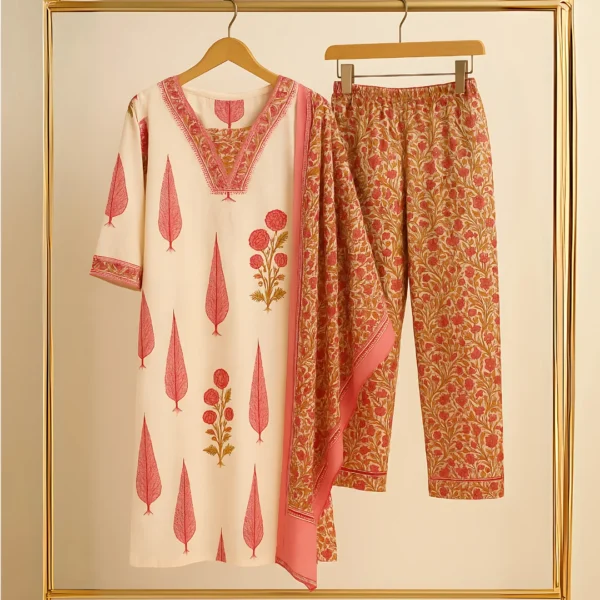 Elegant Cotton Cambric Kurti Set with Mirror Work & Silver Zari Embroidery - Image 3