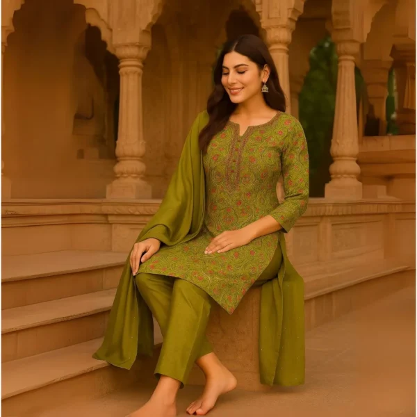 Nooré Radiance Mirror Work Silk Kurti Set – Luxe 3-Piece Festive Elegance - Image 2