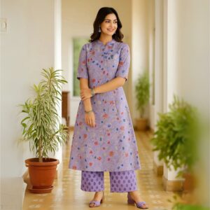 Lavender Bloom Cotton Kurti Palazzo Set – Breezy Festive Charm