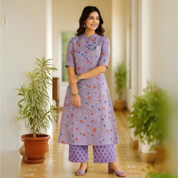 Lavender Bloom Cotton Kurti Palazzo Set – Breezy Festive Charm